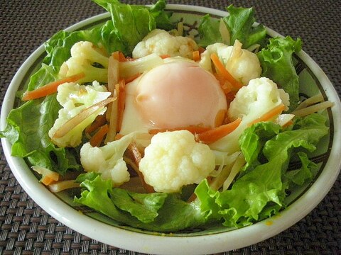 きんぴらとカリフラワーのせ、温玉風目玉焼きうどん♪